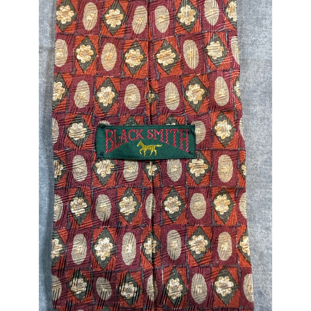 Black Smith Vintage Silk Necktie Made in USA Geometric Diamond Floral Retro Tie